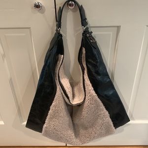 Jimmy Choo Ana Beige Shearling Black Leather Hobo Bag